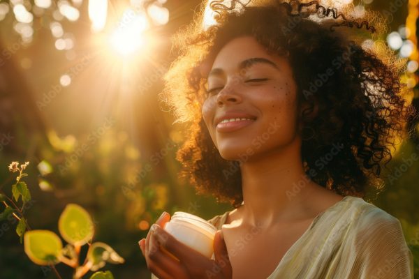 The model is closing her eyes and smiling peacefully while holding a skincare jar in the golden hour