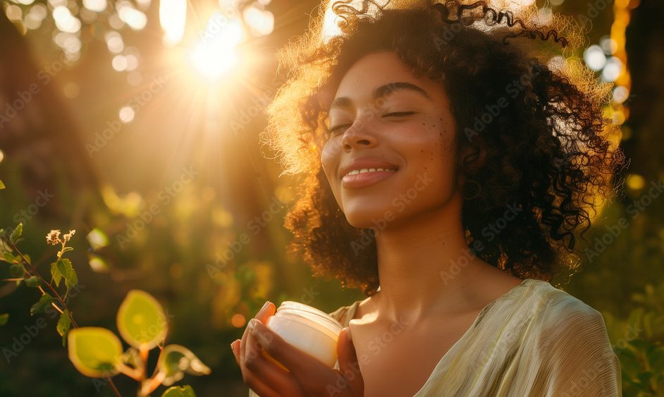 The model is closing her eyes and smiling peacefully while holding a skincare jar in the golden hour